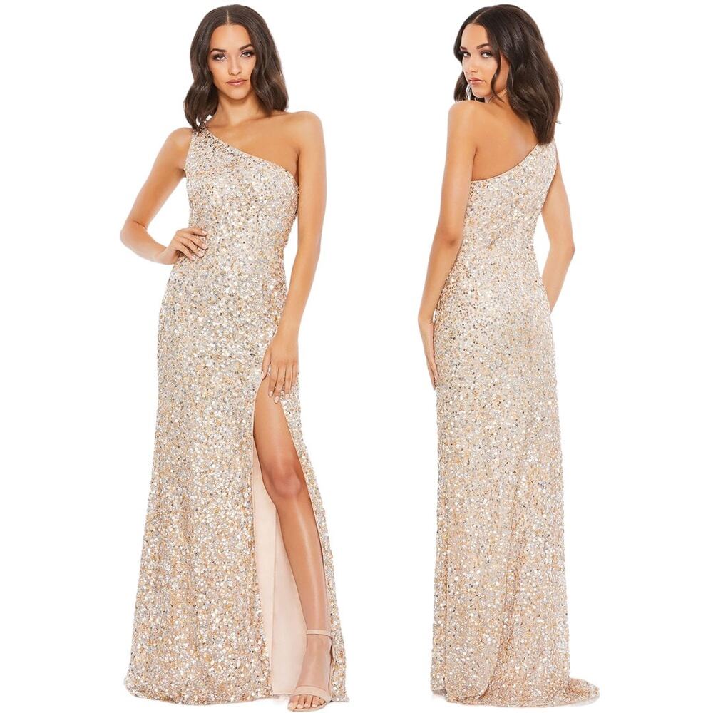 Mac Duggal NEW One Shoulder Sequin Embellished High Slit Maxi Gown Champagne 4